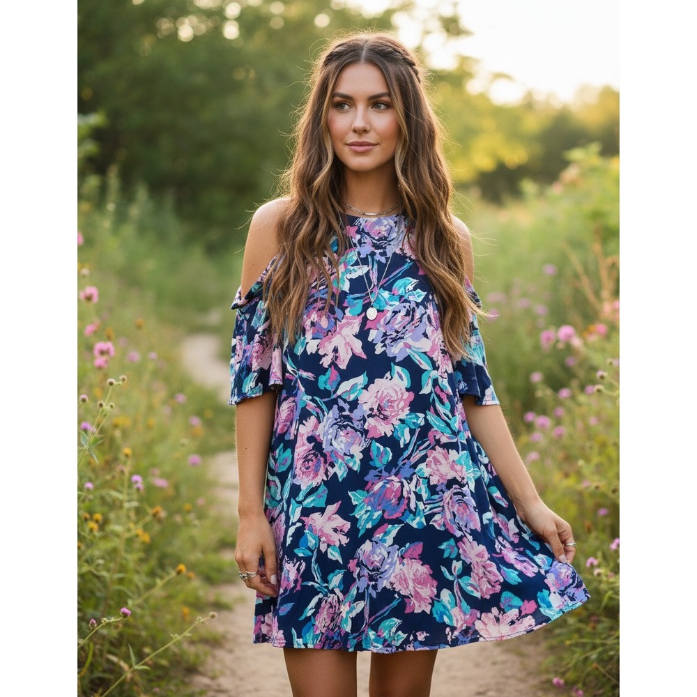 NSR S Mini Dress Blue Pink Floral Cold Shoulder Swing Shift Boho Coquette Whimsy